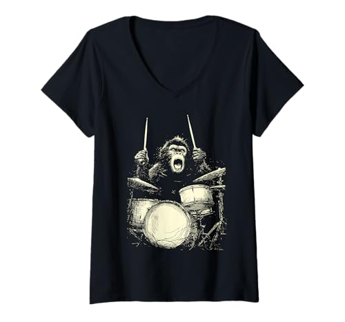 Damen Schimpanse spielt Trommeln Lustige Musik Tier Drummer Grafik T-Shirt mit V-Ausschnitt von Hilarious Animals Drummers Gifts