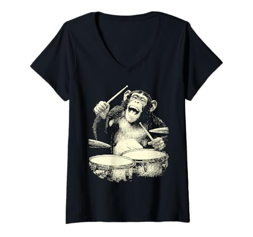Damen Schimpanse spielt Trommeln Lustige Musik Tier Drummer Grafik T-Shirt mit V-Ausschnitt von Hilarious Animals Drummers Gifts