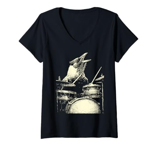 Damen Süße Krähe spielt Schlagzeug, lustige Grafik mit Tiermotiv für Schlagzeuger T-Shirt mit V-Ausschnitt von Hilarious Animals Drummers Gifts