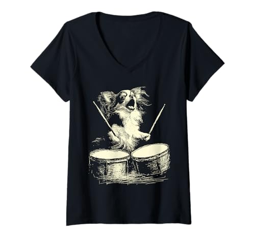 Damen Süßer Chihuahua, der Schlagzeug spielt, lustige Grafik mit Musik, Hund, Schlagzeuger T-Shirt mit V-Ausschnitt von Hilarious Animals Drummers Gifts