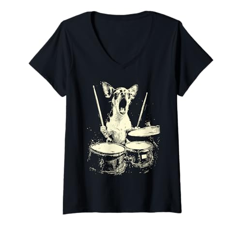 Damen Süßer Chihuahua, der Schlagzeug spielt, lustige Grafik mit Musik, Hund, Schlagzeuger T-Shirt mit V-Ausschnitt von Hilarious Animals Drummers Gifts