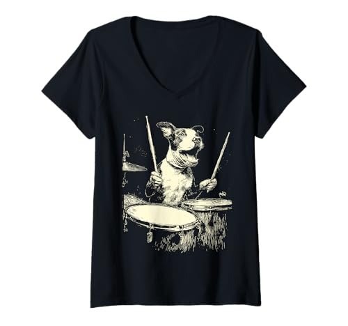 Damen Süßer Pitbull spielt Schlagzeug, lustige Grafik mit Musik, Hund, Schlagzeuger T-Shirt mit V-Ausschnitt von Hilarious Animals Drummers Gifts