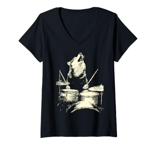 Damen Süßer Wolf spielt Schlagzeug, lustige Grafik mit Tiermotiv für Schlagzeuger T-Shirt mit V-Ausschnitt von Hilarious Animals Drummers Gifts