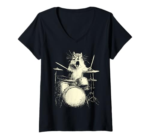 Damen Süßes Chipmunk spielt Schlagzeug, lustige Grafik mit Musik, Hund, Schlagzeuger T-Shirt mit V-Ausschnitt von Hilarious Animals Drummers Gifts