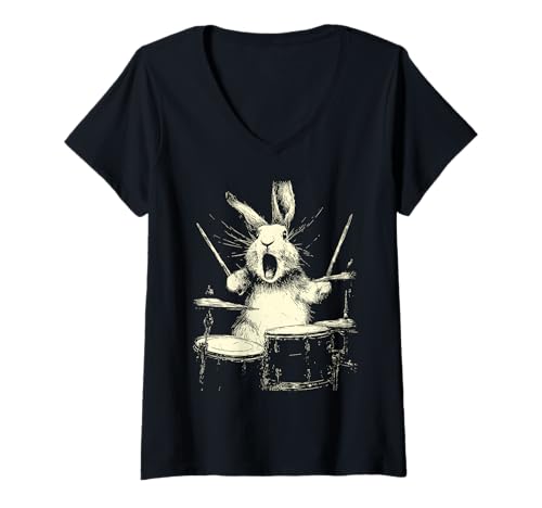 Damen Süßes Kaninchen, das Schlagzeug spielt, lustige Grafik mit Tiermotiv für Schlagzeuger T-Shirt mit V-Ausschnitt von Hilarious Animals Drummers Gifts