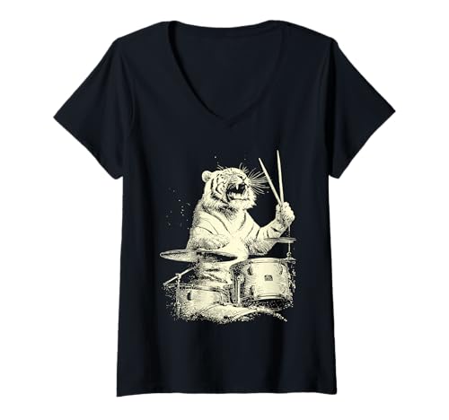 Damen Tiger spielt Trommeln Lustige Musik Tier Drummer Grafik T-Shirt mit V-Ausschnitt von Hilarious Animals Drummers Gifts