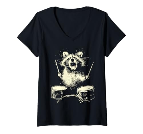 Damen Waschbär spielt Trommeln Lustige Musik Tier Drummer Grafik T-Shirt mit V-Ausschnitt von Hilarious Animals Drummers Gifts