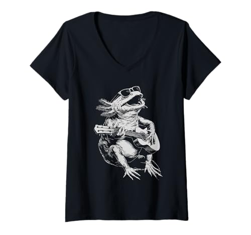 Damen Axolotl mit Sonnenbrille Tier Gitarre Spieler Lustiger Gitarrist T-Shirt mit V-Ausschnitt von Hilarious Animals Guitarists Gifts