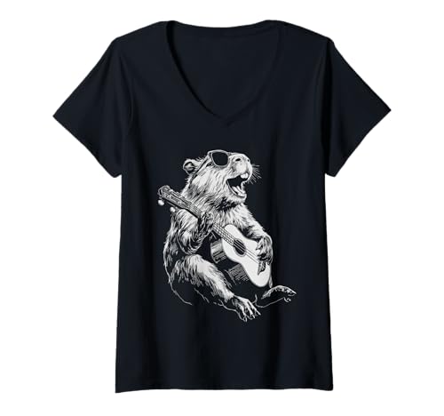 Damen Biber mit Sonnenbrille Tier Gitarre Spieler Lustiger Gitarrist T-Shirt mit V-Ausschnitt von Hilarious Animals Guitarists Gifts