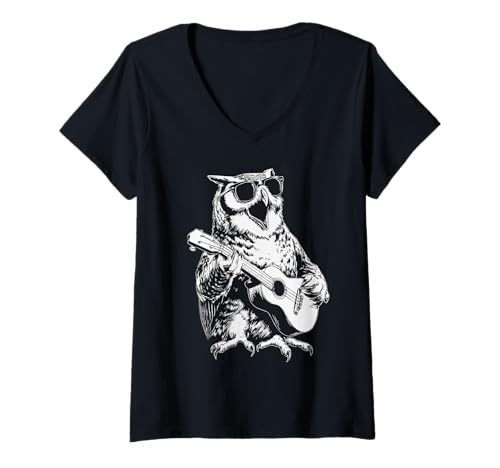 Damen Eule mit Sonnenbrille Tier Gitarre Spieler Lustiger Gitarrist T-Shirt mit V-Ausschnitt von Hilarious Animals Guitarists Gifts