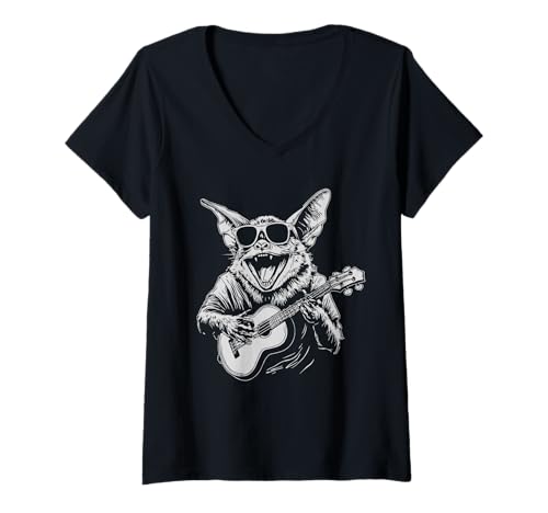 Damen Fledermaus mit Sonnenbrille Tier Gitarre Spieler Lustiger Gitarrist T-Shirt mit V-Ausschnitt von Hilarious Animals Guitarists Gifts