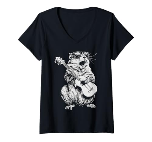 Damen Netter Chipmunk mit Sonnenbrille Gitarrist Lustiger Gitarrist T-Shirt mit V-Ausschnitt von Hilarious Animals Guitarists Gifts