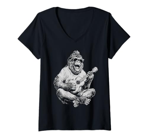Damen Niedlicher Gorilla mit Sonnenbrille Gitarrenspieler Lustiger Gitarrist T-Shirt mit V-Ausschnitt Damen Niedlicher Gorilla mit Sonnenbrille Gitarrenspieler Lustiger Gitarrist T-Shirt mit V-Ausschnitt von Hilarious Animals Guitarists Gifts