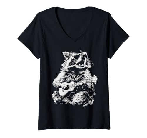 Damen Waschbär mit Sonnenbrille Tier Gitarre Spieler Lustiger Gitarrist T-Shirt mit V-Ausschnitt von Hilarious Animals Guitarists Gifts
