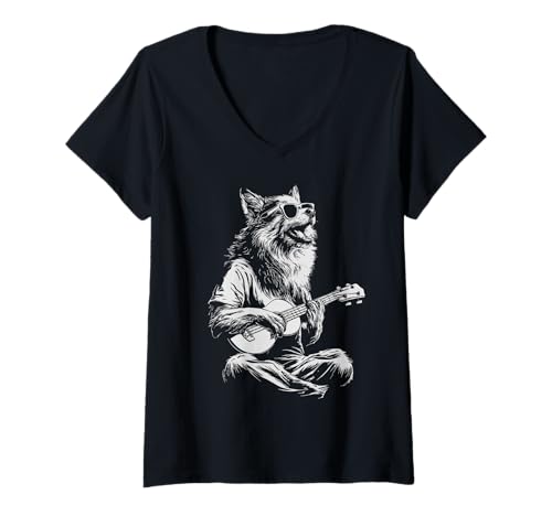 Damen Wolf mit Sonnenbrille Tier Gitarre Spieler Lustiger Gitarrist T-Shirt mit V-Ausschnitt von Hilarious Animals Guitarists Gifts