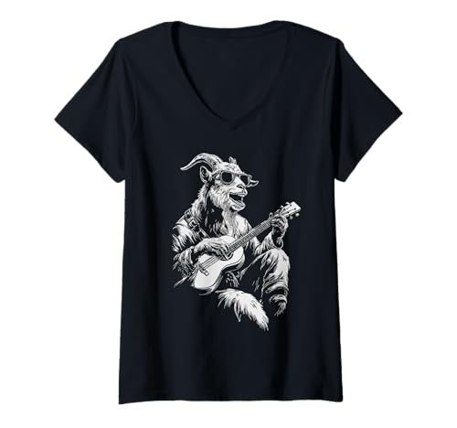 Damen Ziege mit Sonnenbrille Tier Gitarre Spieler Lustiger Gitarrist T-Shirt mit V-Ausschnitt von Hilarious Animals Guitarists Gifts