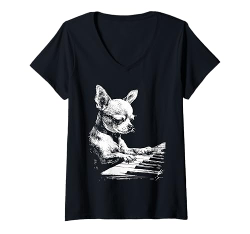 Damen Chihuahua-Kunstwerk, lustiger Hund, der Klavier spielt, Pianist, Grafik T-Shirt mit V-Ausschnitt Damen Chihuahua-Kunstwerk, lustiger Hund, der Klavier spielt, Pianist, Grafik T-Shirt mit V-Ausschnitt von Hilarious Animals Pianists Gifts