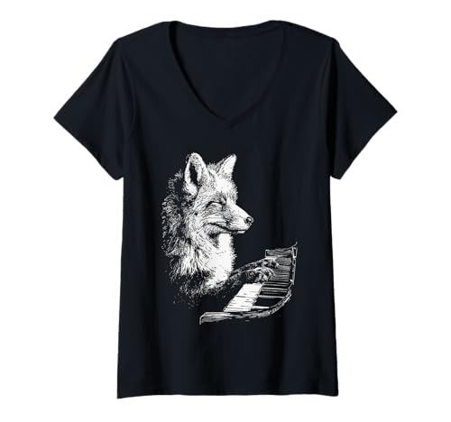 Damen Lustige Fuchs-Illustration Tier spielt Klavier Pianist Grafik T-Shirt mit V-Ausschnitt Damen Lustige Fuchs-Illustration Tier spielt Klavier Pianist Grafik T-Shirt mit V-Ausschnitt von Hilarious Animals Pianists Gifts