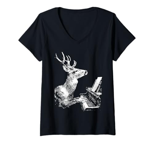 Damen Lustige Hirsch-Illustration Tier spielt Klavier Pianist Grafik T-Shirt mit V-Ausschnitt Damen Lustige Hirsch-Illustration Tier spielt Klavier Pianist Grafik T-Shirt mit V-Ausschnitt von Hilarious Animals Pianists Gifts