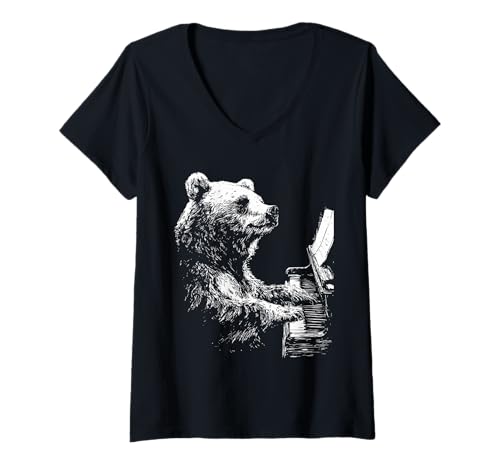 Damen Lustiger Bär Illustration Tier spielt Klavier Pianist Grafik T-Shirt mit V-Ausschnitt Damen Lustiger Bär Illustration Tier spielt Klavier Pianist Grafik T-Shirt mit V-Ausschnitt von Hilarious Animals Pianists Gifts