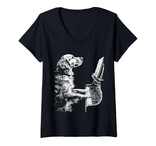 Damen Lustiger Golden Retriever Hund spielt Klavier Kunst Pianist Grafik T-Shirt mit V-Ausschnitt Damen Lustiger Golden Retriever Hund spielt Klavier Kunst Pianist Grafik T-Shirt mit V-Ausschnitt von Hilarious Animals Pianists Gifts