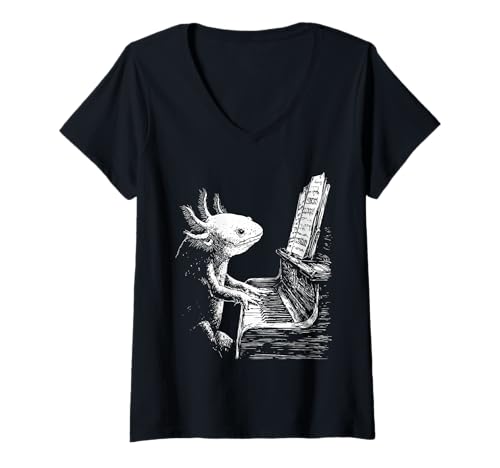Damen Lustiges Axolotl Kunstwerk Tier spielt Klavier Pianist Grafik T-Shirt mit V-Ausschnitt Damen Lustiges Axolotl Kunstwerk Tier spielt Klavier Pianist Grafik T-Shirt mit V-Ausschnitt von Hilarious Animals Pianists Gifts