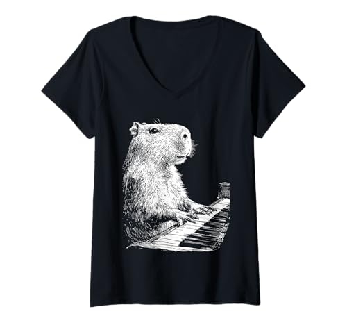Damen Lustiges Capybara-Kunstwerk, Tierspiel, Klavier, Pianisten-Grafik T-Shirt mit V-Ausschnitt Damen Lustiges Capybara-Kunstwerk, Tierspiel, Klavier, Pianisten-Grafik T-Shirt mit V-Ausschnitt von Hilarious Animals Pianists Gifts