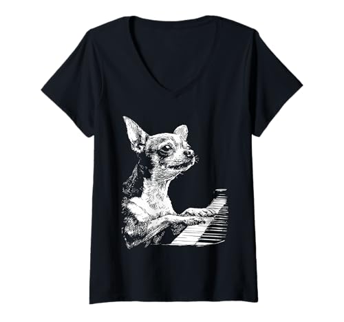 Damen Lustiges Chihuahua-Kunstwerk Hund spielt Klavier Pianist Grafik T-Shirt mit V-Ausschnitt Damen Lustiges Chihuahua-Kunstwerk Hund spielt Klavier Pianist Grafik T-Shirt mit V-Ausschnitt von Hilarious Animals Pianists Gifts