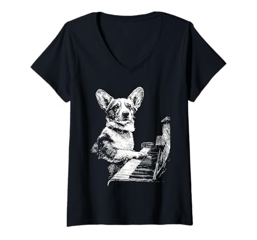 Damen Lustiges Corgi-Hundemotiv spielt Klavier Kunst Pianist T-Shirt mit V-Ausschnitt Damen Lustiges Corgi-Hundemotiv spielt Klavier Kunst Pianist T-Shirt mit V-Ausschnitt von Hilarious Animals Pianists Gifts