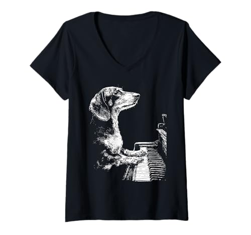 Damen Lustiges Dackel Hund spielt Klavierspieler Pianist Grafik T-Shirt mit V-Ausschnitt Damen Lustiges Dackel Hund spielt Klavierspieler Pianist Grafik T-Shirt mit V-Ausschnitt von Hilarious Animals Pianists Gifts