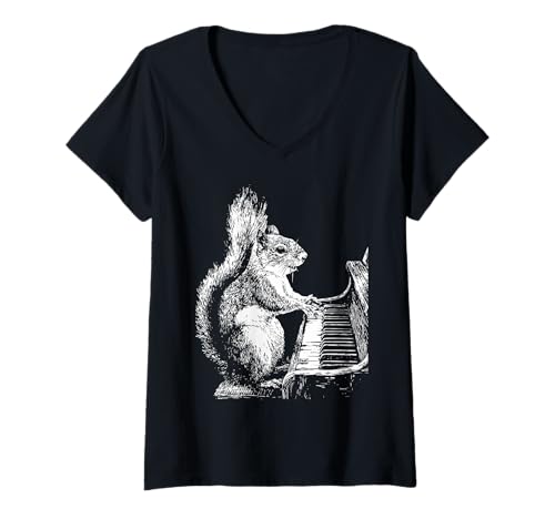 Damen Lustiges Eichhörnchen-Kunstwerk Tier spielt Klavier Pianist Grafik T-Shirt mit V-Ausschnitt Damen Lustiges Eichhörnchen-Kunstwerk Tier spielt Klavier Pianist Grafik T-Shirt mit V-Ausschnitt von Hilarious Animals Pianists Gifts