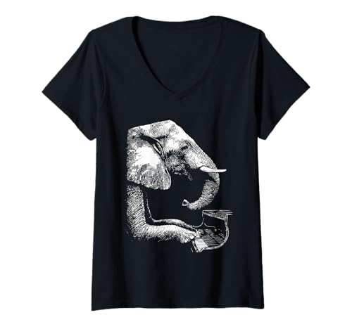 Damen Lustiges Elefanten-Kunstwerk Tier spielt Klavier Pianist T-Shirt mit V-Ausschnitt Damen Lustiges Elefanten-Kunstwerk Tier spielt Klavier Pianist T-Shirt mit V-Ausschnitt von Hilarious Animals Pianists Gifts