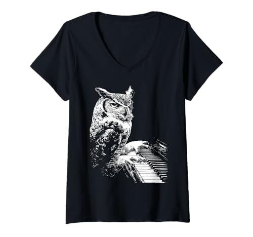 Damen Lustiges Eulen-Kunstwerk Tierkunst spielt Klavier Pianist Grafik T-Shirt mit V-Ausschnitt Damen Lustiges Eulen-Kunstwerk Tierkunst spielt Klavier Pianist Grafik T-Shirt mit V-Ausschnitt von Hilarious Animals Pianists Gifts