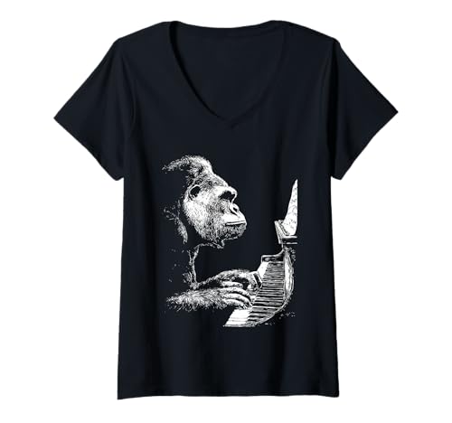 Damen Lustiges Gorilla-Kunstwerk, Tier, das Klavier spielt, Pianisten-Grafik T-Shirt mit V-Ausschnitt Damen Lustiges Gorilla-Kunstwerk, Tier, das Klavier spielt, Pianisten-Grafik T-Shirt mit V-Ausschnitt von Hilarious Animals Pianists Gifts