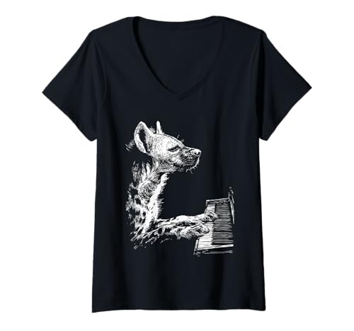 Damen Lustiges Hyänen-Kunstwerk Tierkunst spielt Klavier Pianist Grafik T-Shirt mit V-Ausschnitt Damen Lustiges Hyänen-Kunstwerk Tierkunst spielt Klavier Pianist Grafik T-Shirt mit V-Ausschnitt von Hilarious Animals Pianists Gifts