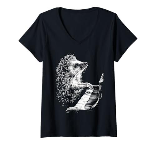 Damen Lustiges Igel-Kunstwerk Tier spielt Klavier Pianist Grafik T-Shirt mit V-Ausschnitt Damen Lustiges Igel-Kunstwerk Tier spielt Klavier Pianist Grafik T-Shirt mit V-Ausschnitt von Hilarious Animals Pianists Gifts