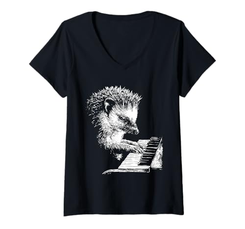 Damen Lustiges Igel-Kunstwerk Tier spielt Klavier Pianist Grafik T-Shirt mit V-Ausschnitt Damen Lustiges Igel-Kunstwerk Tier spielt Klavier Pianist Grafik T-Shirt mit V-Ausschnitt von Hilarious Animals Pianists Gifts