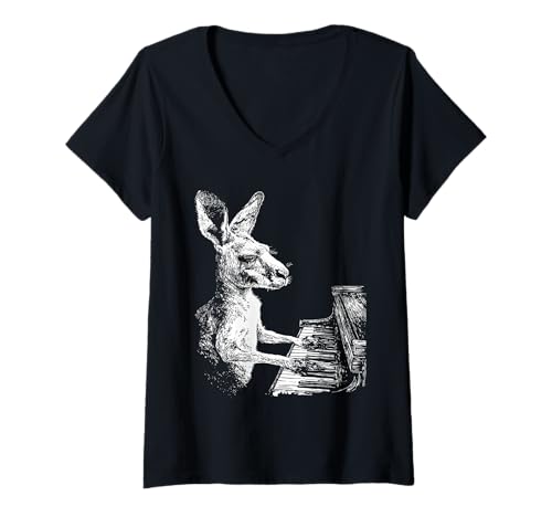 Damen Lustiges Känguru-Kunstwerk Tier spielt Klavier Pianist Grafik T-Shirt mit V-Ausschnitt Damen Lustiges Känguru-Kunstwerk Tier spielt Klavier Pianist Grafik T-Shirt mit V-Ausschnitt von Hilarious Animals Pianists Gifts