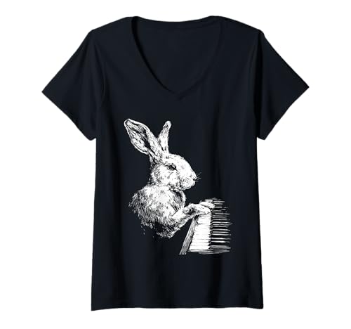 Damen Lustiges Kaninchen-Kunstwerk Tier spielt Klavier Pianist Grafik T-Shirt mit V-Ausschnitt Damen Lustiges Kaninchen-Kunstwerk Tier spielt Klavier Pianist Grafik T-Shirt mit V-Ausschnitt von Hilarious Animals Pianists Gifts