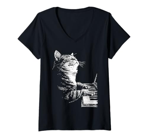 Damen Lustiges Katzenkunst, Tierkunst, Klavierspieler, Pianisten-Grafik T-Shirt mit V-Ausschnitt Damen Lustiges Katzenkunst, Tierkunst, Klavierspieler, Pianisten-Grafik T-Shirt mit V-Ausschnitt von Hilarious Animals Pianists Gifts