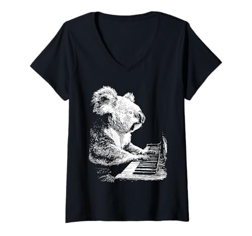 Damen Lustiges Koala-Kunstwerk Tierkunst spielt Klavier Pianist Grafik T-Shirt mit V-Ausschnitt Damen Lustiges Koala-Kunstwerk Tierkunst spielt Klavier Pianist Grafik T-Shirt mit V-Ausschnitt von Hilarious Animals Pianists Gifts