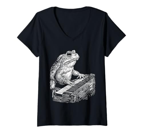 Damen Lustiges Kröten-Kunstwerk Tierfrosch spielt Klavier Pianist Grafik T-Shirt mit V-Ausschnitt Damen Lustiges Kröten-Kunstwerk Tierfrosch spielt Klavier Pianist Grafik T-Shirt mit V-Ausschnitt von Hilarious Animals Pianists Gifts