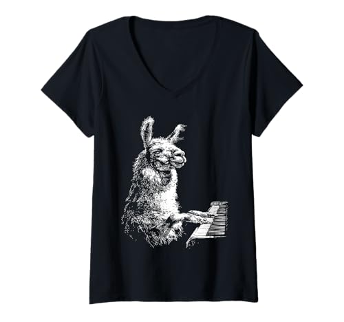 Damen Lustiges Lama-Kunstwerk, Tierkunst, Klavierspieler, Pianisten-Grafik T-Shirt mit V-Ausschnitt Damen Lustiges Lama-Kunstwerk, Tierkunst, Klavierspieler, Pianisten-Grafik T-Shirt mit V-Ausschnitt von Hilarious Animals Pianists Gifts