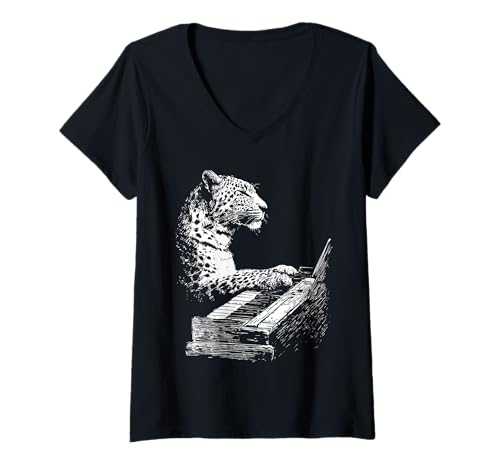 Damen Lustiges Leoparden-Kunstwerk Tier spielt Klavier Pianist Grafik T-Shirt mit V-Ausschnitt Damen Lustiges Leoparden-Kunstwerk Tier spielt Klavier Pianist Grafik T-Shirt mit V-Ausschnitt von Hilarious Animals Pianists Gifts