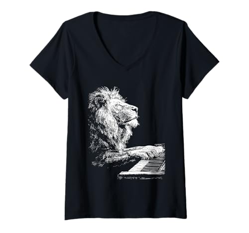 Damen Lustiges Löwen-Kunstwerk Tierkunst spielt Klavier Pianist Grafik T-Shirt mit V-Ausschnitt Damen Lustiges Löwen-Kunstwerk Tierkunst spielt Klavier Pianist Grafik T-Shirt mit V-Ausschnitt von Hilarious Animals Pianists Gifts