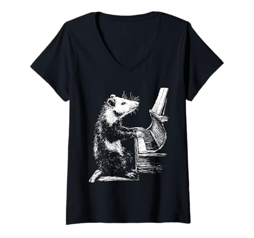 Damen Lustiges Opossum Kunstwerk Tier spielt Klavier Pianist Grafik T-Shirt mit V-Ausschnitt Damen Lustiges Opossum Kunstwerk Tier spielt Klavier Pianist Grafik T-Shirt mit V-Ausschnitt von Hilarious Animals Pianists Gifts