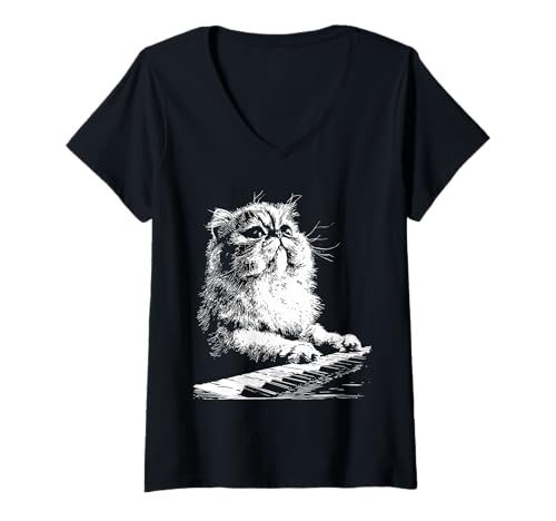 Damen Lustiges Perserkatzen Tier Pielend Klavier Pianisten Grafik T-Shirt mit V-Ausschnitt Damen Lustiges Perserkatzen Tier Pielend Klavier Pianisten Grafik T-Shirt mit V-Ausschnitt von Hilarious Animals Pianists Gifts