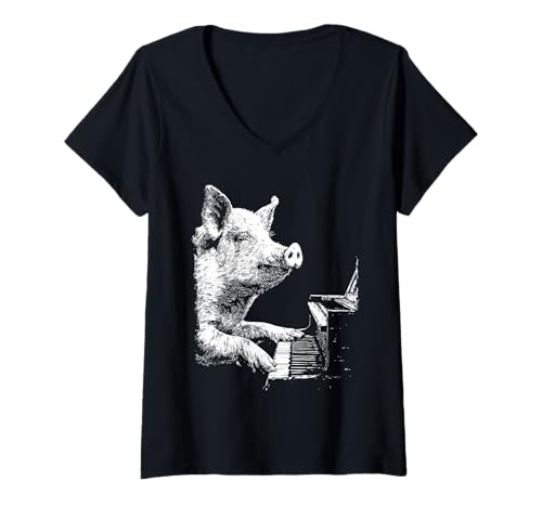 Damen Lustiges Schwein-Illustration, Tierspiel, Klavierspieler, Pianisten-Grafik T-Shirt mit V-Ausschnitt Damen Lustiges Schwein-Illustration, Tierspiel, Klavierspieler, Pianisten-Grafik T-Shirt mit V-Ausschnitt von Hilarious Animals Pianists Gifts