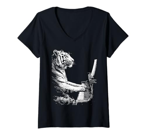 Damen Lustiges Tiger-Kunstwerk Tierkunst spielt Klavier Pianist Grafik T-Shirt mit V-Ausschnitt Damen Lustiges Tiger-Kunstwerk Tierkunst spielt Klavier Pianist Grafik T-Shirt mit V-Ausschnitt von Hilarious Animals Pianists Gifts
