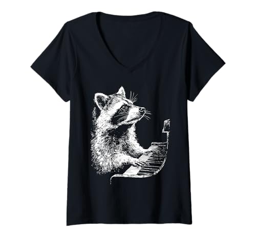 Damen Lustiges Waschbär Tier spielt Klavierspieler Pianist Grafik T-Shirt mit V-Ausschnitt Damen Lustiges Waschbär Tier spielt Klavierspieler Pianist Grafik T-Shirt mit V-Ausschnitt von Hilarious Animals Pianists Gifts